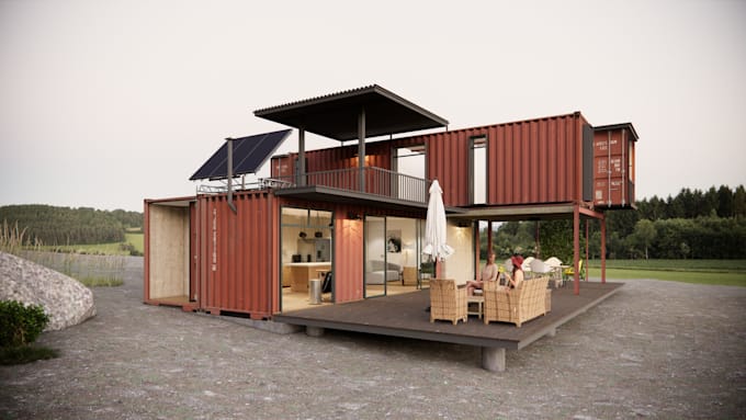 do shipping container house, modular house, 3d rendering