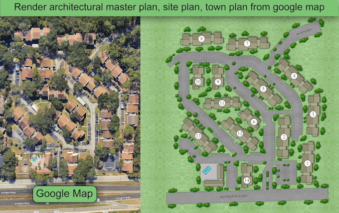 design architectural master plan, site plan, town plan from google map