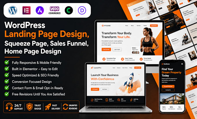 design wordpress landing page, sales funnel, squeeze, or homepage