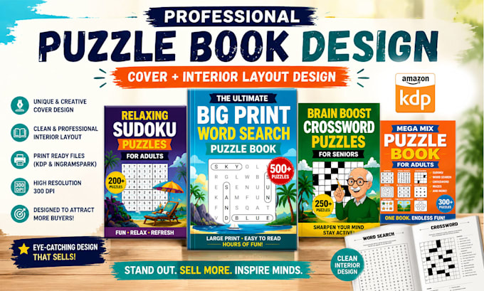 create puzzle books, activity book interiors and amazon KDP paperback covers