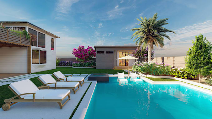 do 3d backyard landscape design with pool, patio and garden
