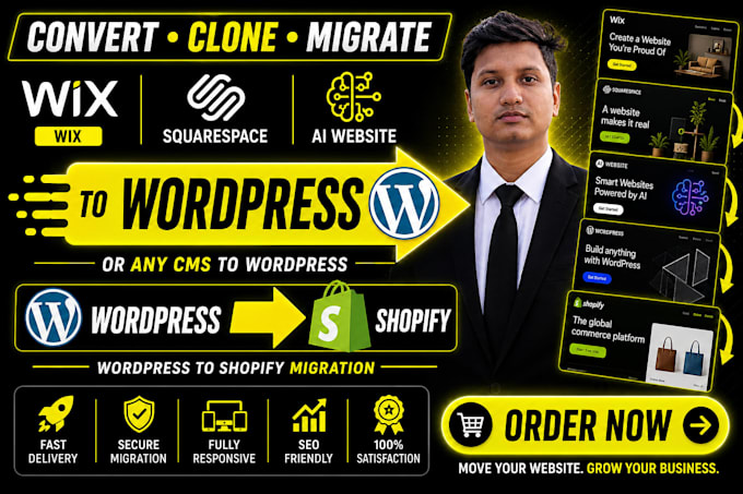 clone wix, squarespace, ai website to wordpress or migrate wordpress to shopify