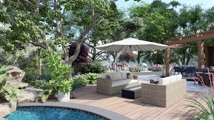 do landscape design, backyard, garden, patio designs, 3d modeling, and rendering