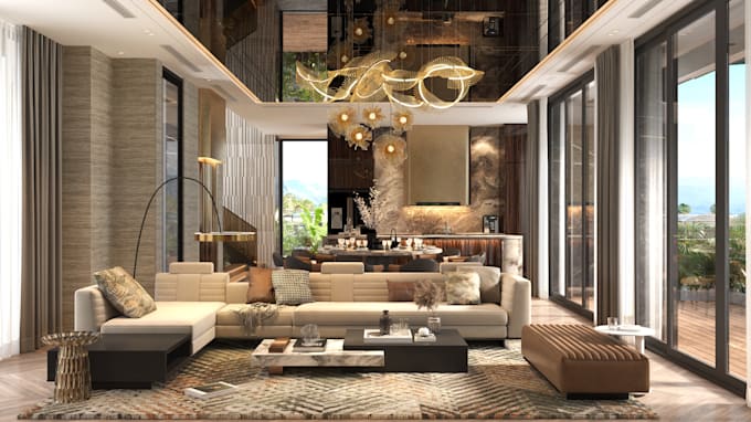design modern living room, kitchen, and bedroom realistic in 3d