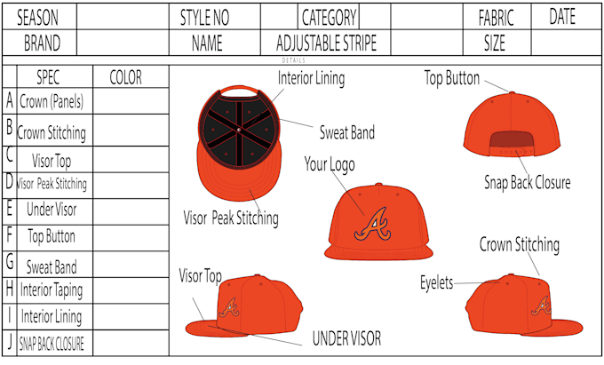 create comprehensive tech pack hats, caps, and beanies designs for your brand