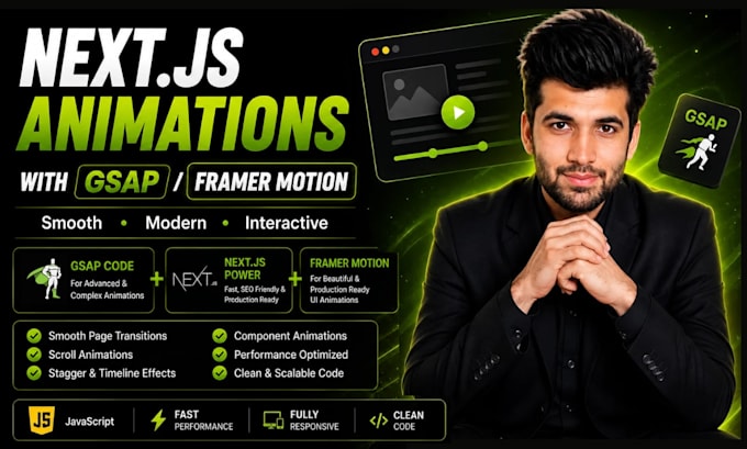 develop your web animation with react js, next js gsap, framer motion