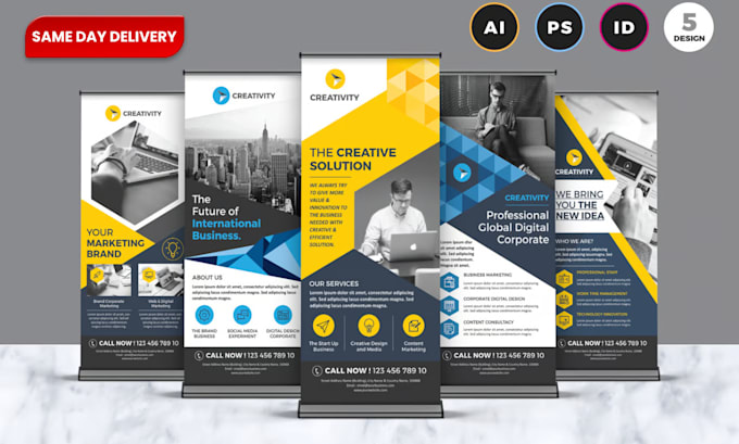 design corporate rollup banner, pop up, pull up and retractable banner same day