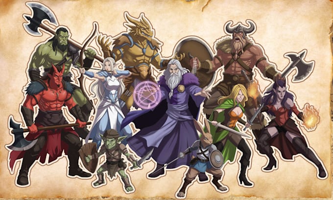 draw dnd character art, creature, game art, sheet, fantasy art and dnd party
