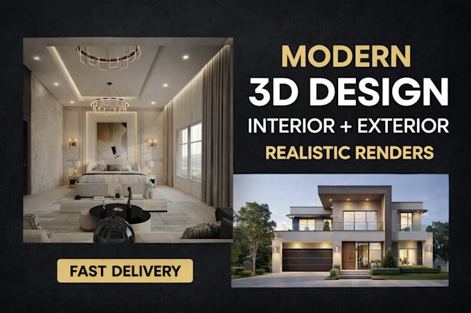 create modern 3d interior and exterior design with realistic renders
