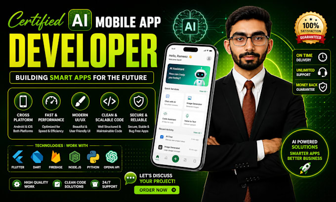 develop flutter ai mobile app for android ios with clean UI UX