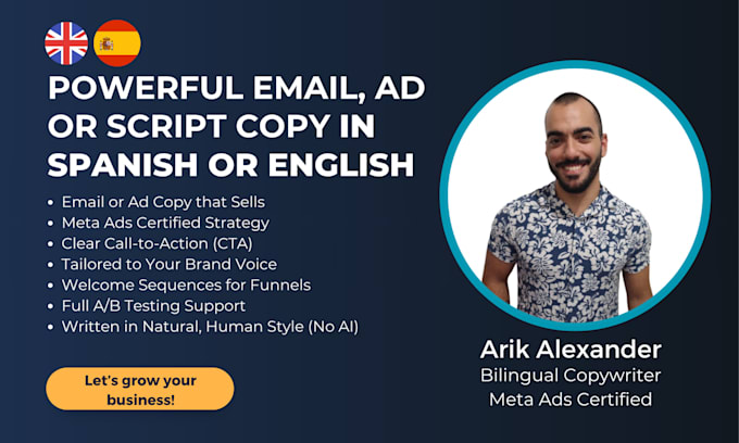 copywrite powerful ads, scripts or emails in english or spanish