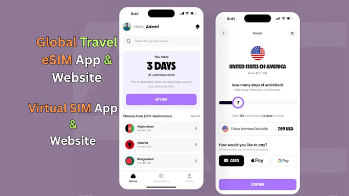 develop travel esim activation and management app or website, virtual sim app