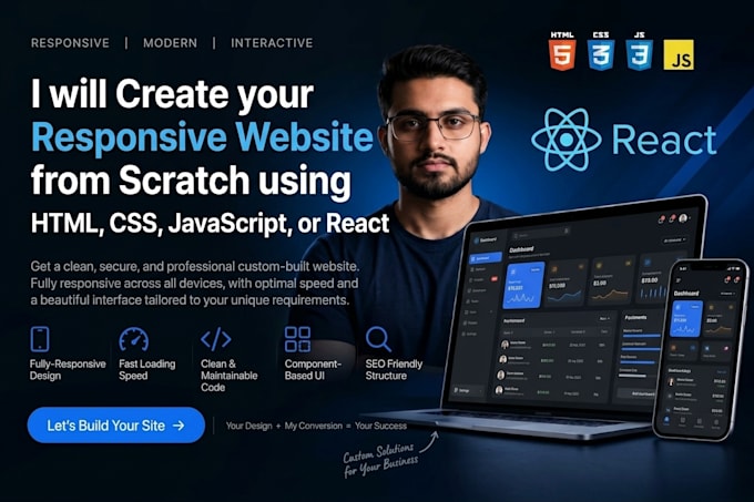 create a responsive website using HTML, CSS, javascript, or react