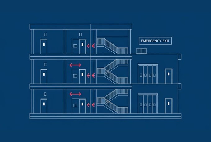 design a professional fire emergency evacuation map, exit plan, and diagram