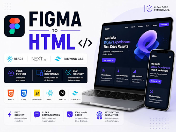 convert figma, PSD, xd to react, HTML CSS, tailwind CSS pixel perfectly