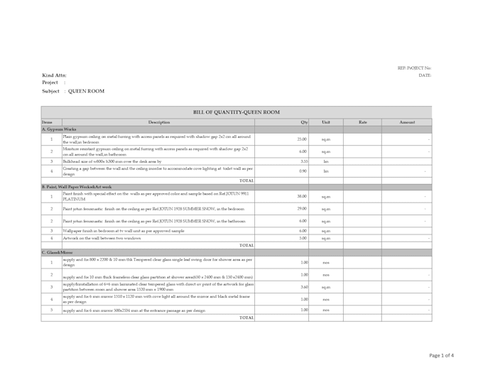 Do a bill of quantity of interior design projects in bubai by ...
