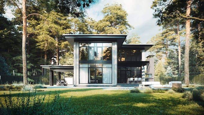 create realistic architectural 3d exterior rendering of residential house