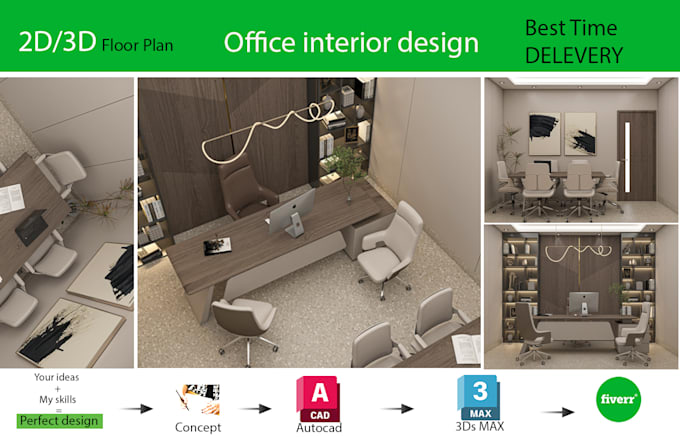 office interiors with top design and render photorealistic