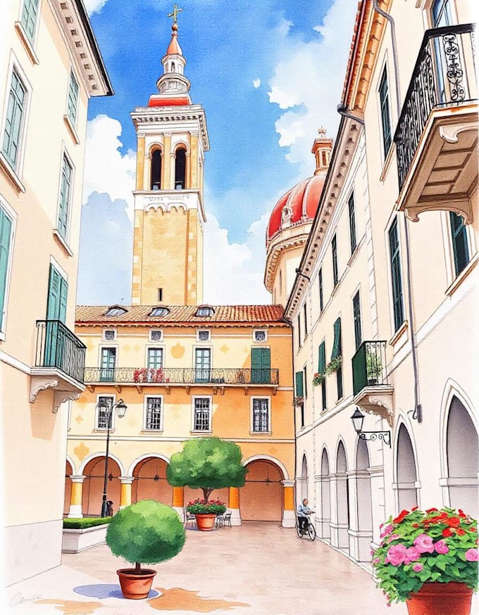 sketch and watercolor of buildings, houses and other places