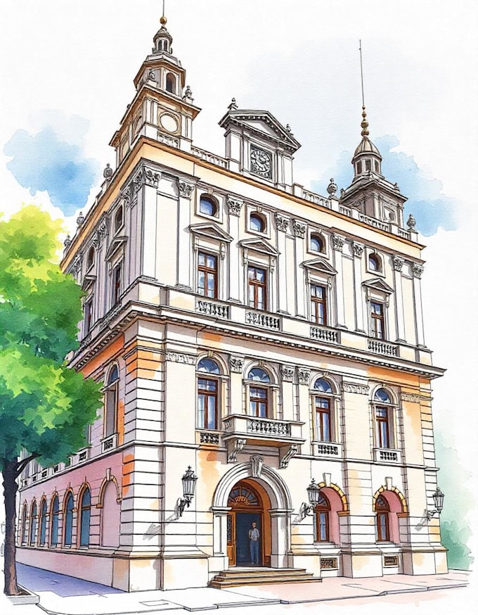 sketch architecture building with watercolor rendering