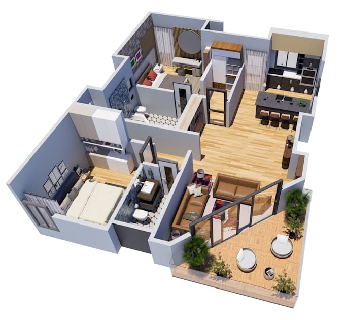 create 3d floor plan rendering and interior realistic rendering
