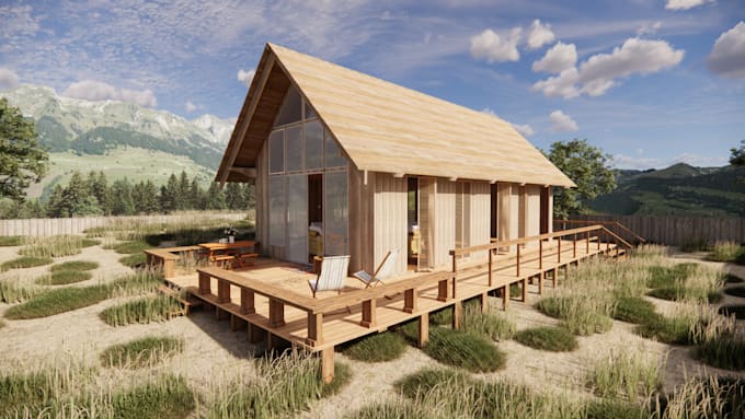 design tiny cabin, small house with 3d realistic rendering