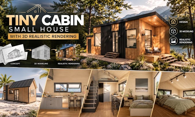 design tiny cabin, small house with 3d realistic rendering