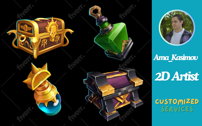 Create fantasy 2d props, icons, objects and simple backgrounds for you ...