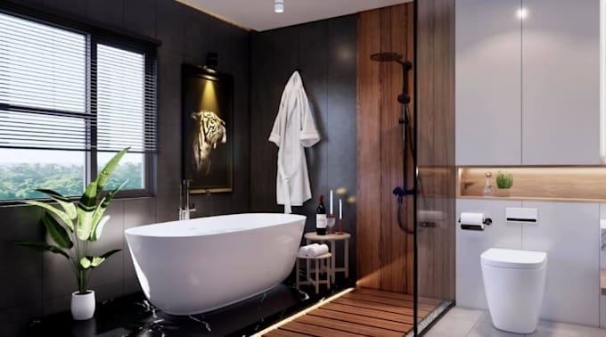 design modern kitchen and bathroom interior with realistic 3d render