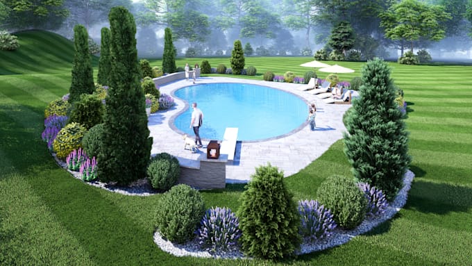 create a landscape design, front yard, backyard, flower bed, pool, park, street