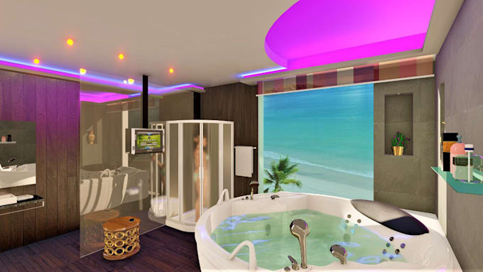 Modern bathroom layout, 3d floor plan, sketchup model, rendering ...