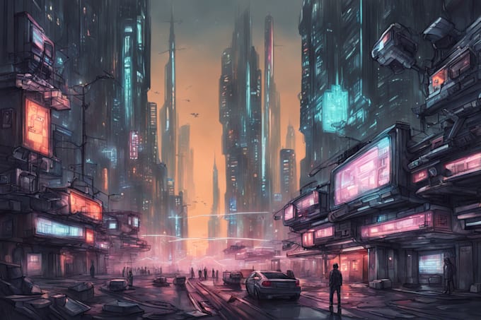 Draw sci fi illustration of futuristic cyberpunk city by Aksanes | Fiverr