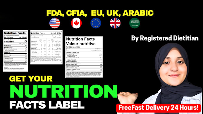 design or redesign fda,eu,cfia,fsanz and arabic nutrition facts label
