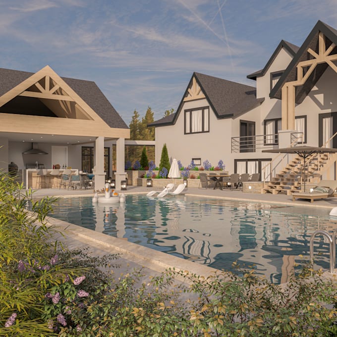 design photorealistic 3d backyard landscape and garden architecture