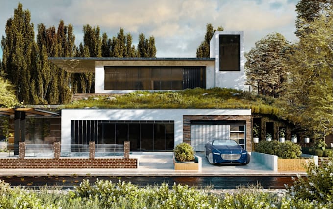 create architectural rendering, unique interior design, kitchen, sitting room