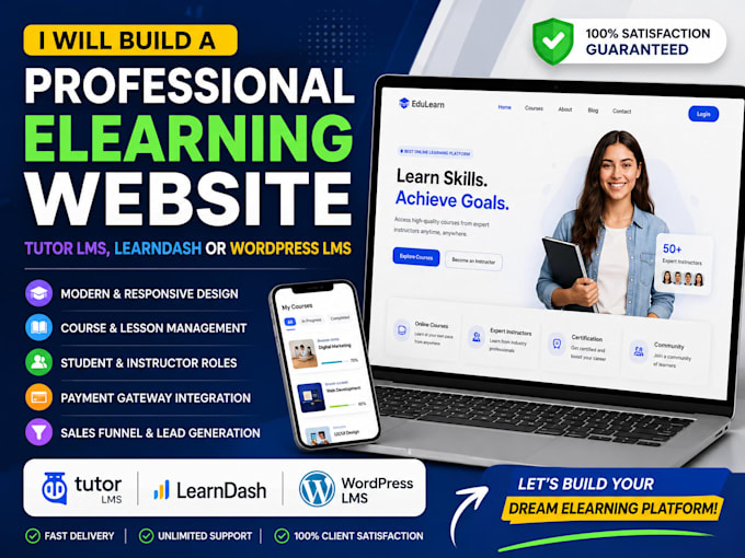 build professional elearning website with tutor lms, learndash or wordpress lms