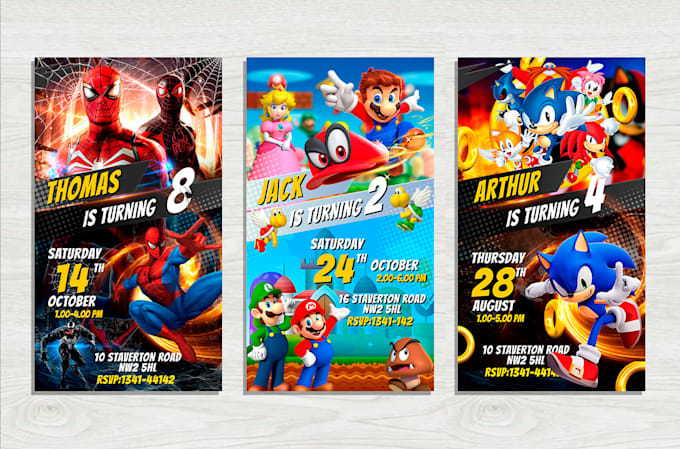 design a spiderman, sonic or mario bros birthday card