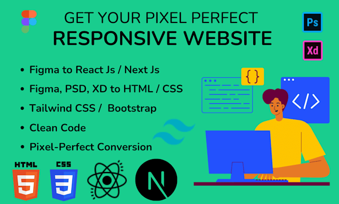 convert figma design to responsive react js, next js website