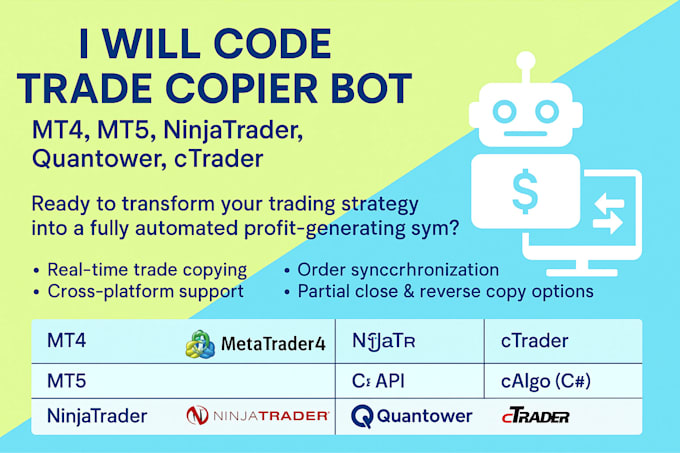 code trade copier and trading bot on mt4, mt5, ninjatrader, quantower, ctrader