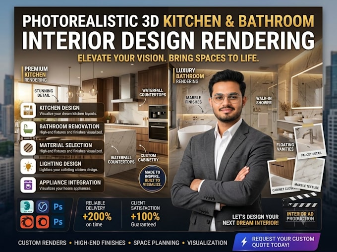 photorealistic 3d kitchen design and bathroom interior design rendering