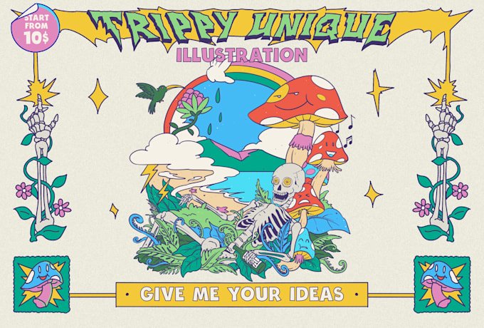 draw trippy and psychedelic vintage cartoon design