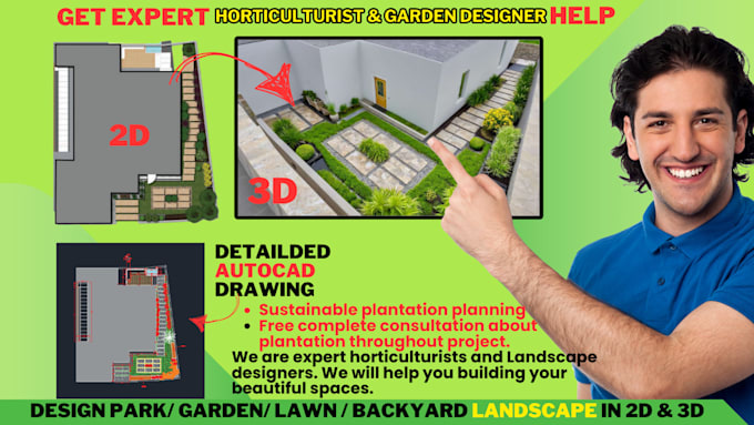 design park, garden, pool, patio, backyard landscape 2d 3d