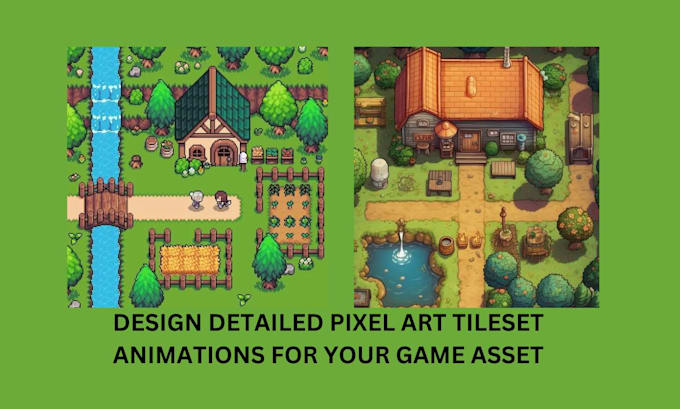 Create detailed pixel art tileset, background animation for video game ...