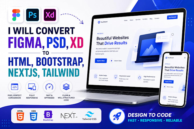 convert figma,psd,xd to html, bootstrap, nextjs, tailwind