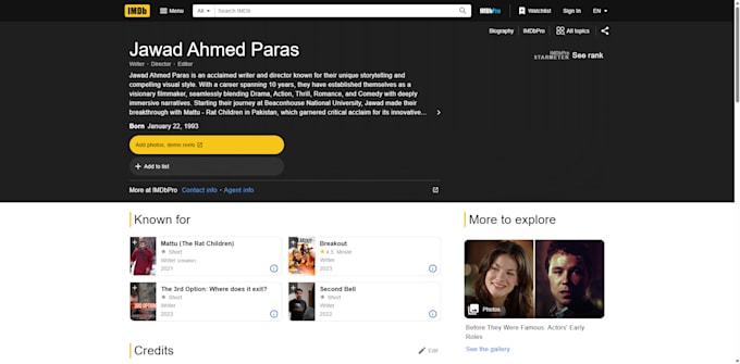 create your imdb profile, add credits, and write a biography