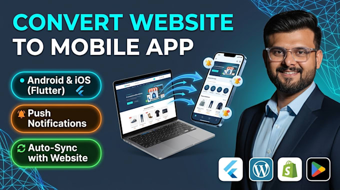 convert website to android app and ios app using flutter with push notifications