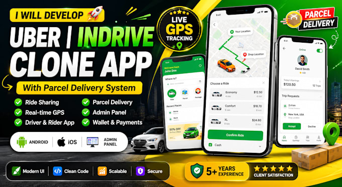 develop uber, indrive clone rideshare app with parcel delivery system