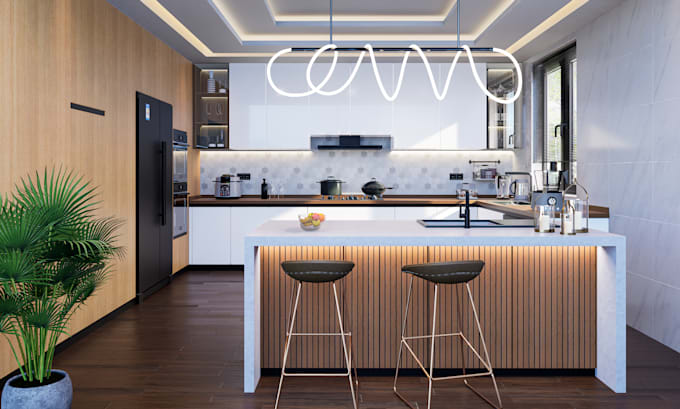 design kitchen interior in 3d model and render