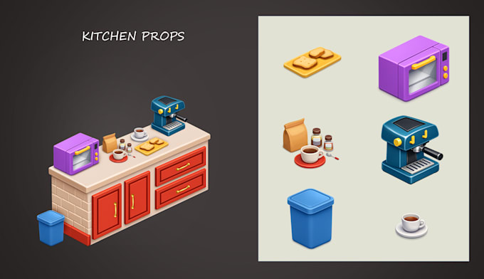 make 2d isometric props, objects and icon for mobile game