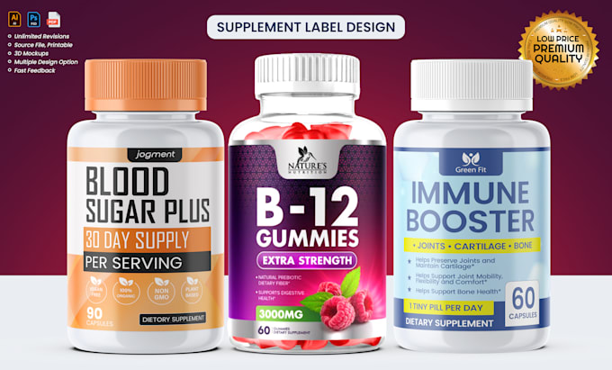 design modern supplement label and product packaging with 3d mockup